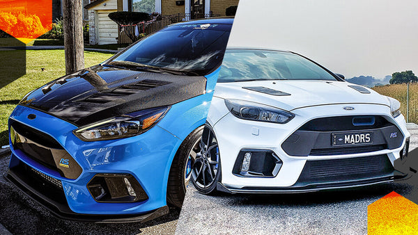 Blue and White Ford MK3 Focus RS modified with Flow Designs lip splitter
