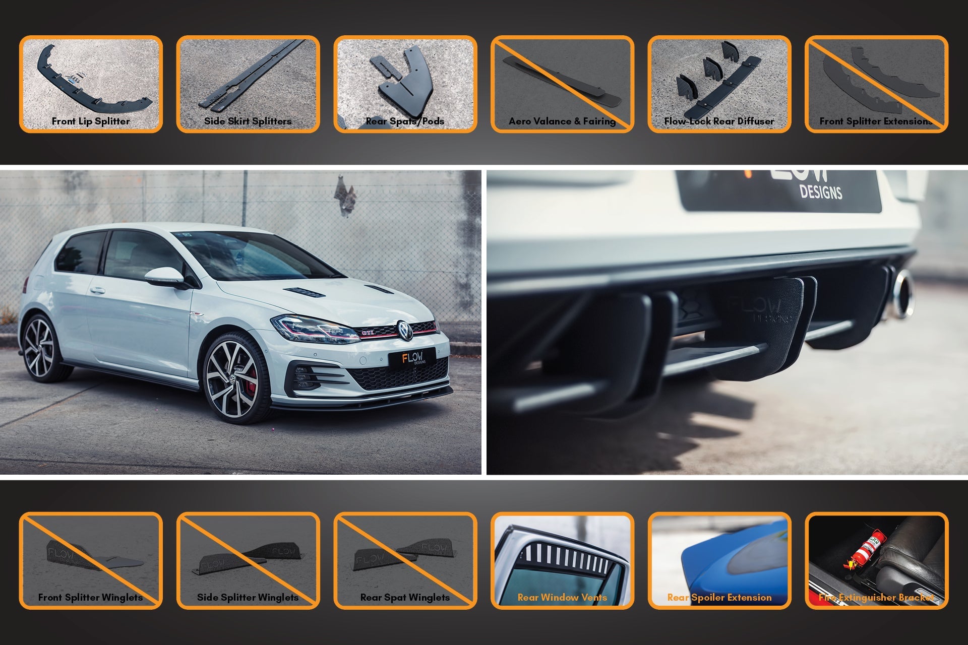 MK7.5 Golf GTI Full Lip Splitter Set with Flow-Lock Rear Diffuser