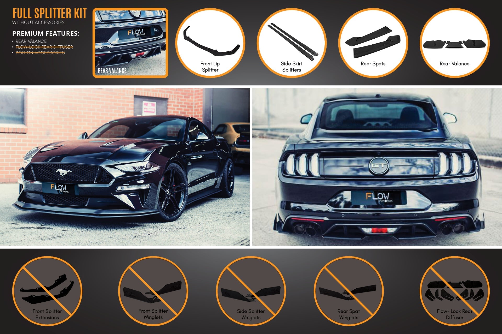 Glossy Black Front Bumper Lip Splitter Kit For Ford Mustang – 4pcs + 2 Strut Rods