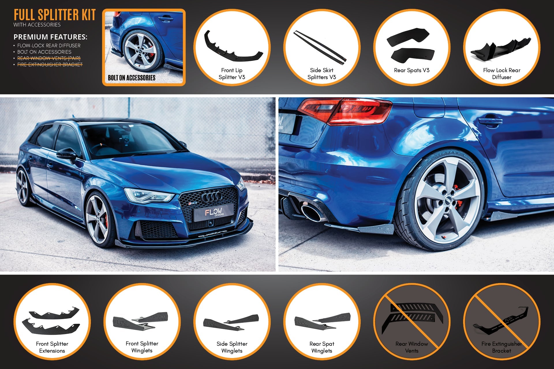 RS3 8V Sportback (Pre-Facelift) Full Lip Splitter Set